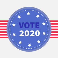 Vote 2020. Blue badge with striped ribbon. Award icon. Star and strip President election day. Voting concept. American flag. Invitation Card. Flat design. White background. Isolated.