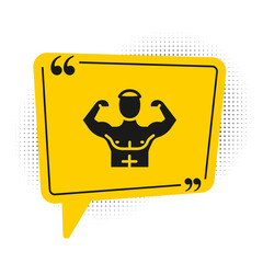 Black Bodybuilder showing his muscles icon isolated on white background. Fit fitness strength health hobby concept. Yellow speech bubble symbol. Vector.