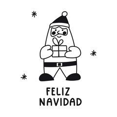 Santa claus with present. Inscription - feliz navidad it's mean merry Christmas in Spanish. Vector hand drawn illustration for greeting card, stickers, t shirt, posters, flyers design. 