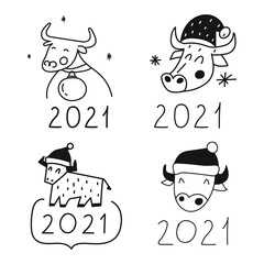 Set of new year badges with bull's face. Vector icon outline illustration for greeting card, t shirt, print, stickers, posters design.