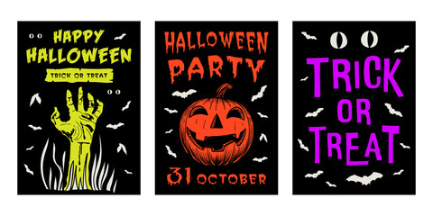 Halloween black poster card set letter a4 size. Happy halloween, party, trick or treat. Black background