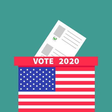 American flag Ballot Voting box with paper blank bulletin concept. Polling station. President election day. Vote 2020. Flat design Invitation Card Print. Green background.