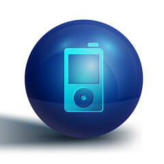 Blue Music player icon isolated on white background. Portable music device. Blue circle button. Vector.