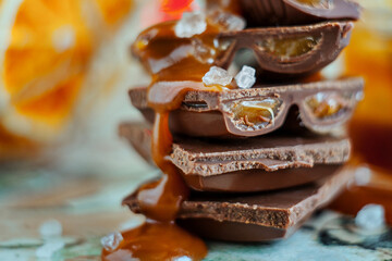 Naklejka na ściany i meble Macro chocolate pieces with caramel and sea salt against holiday background and dried oranges