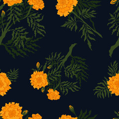 Autumnal floral pattern with bright marigolds on dark blue background