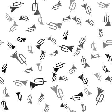 Black Musical instrument trumpet icon isolated seamless pattern on white background. Vector.