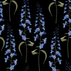 Floral seamless pattern. Flower background. Floral seamless texture with flowers delphinium on black background. © Iuliia