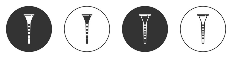 Black Clarinet icon isolated on white background. Musical instrument. Circle button. Vector.