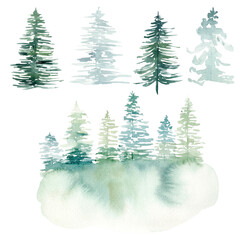 Watercolor hand painted winter landscape with pine trees in the mountains. Christmas pine tree clipart.
