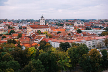 Fototapeta premium View from above of historic city center in Vilnius, Lithuania. Red roofs