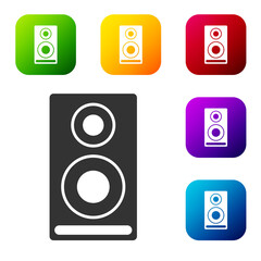 Black Stereo speaker icon isolated on white background. Sound system speakers. Music icon. Musical column speaker bass equipment. Set icons in color square buttons. Vector.