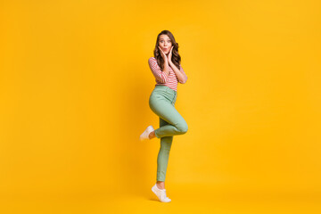 Fototapeta na wymiar Full length body size photo of girl standing tiptoe amazed touching cheekbones isolated on bright yellow color background
