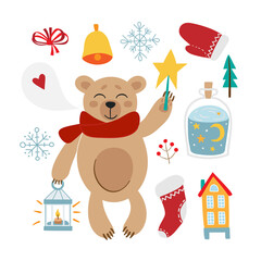 Set for celebration design. Cute childish Christmas illustration.