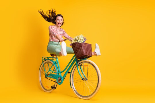 Full length body size photo of funky girl riding bicycle keeping legs up screaming isolated on bright yellow color background
