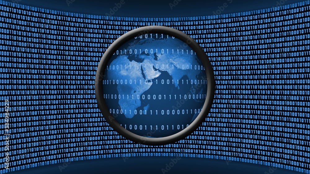 Poster african and eurasian continent behind lines of binary code in a magnifying lens in front of a virtua