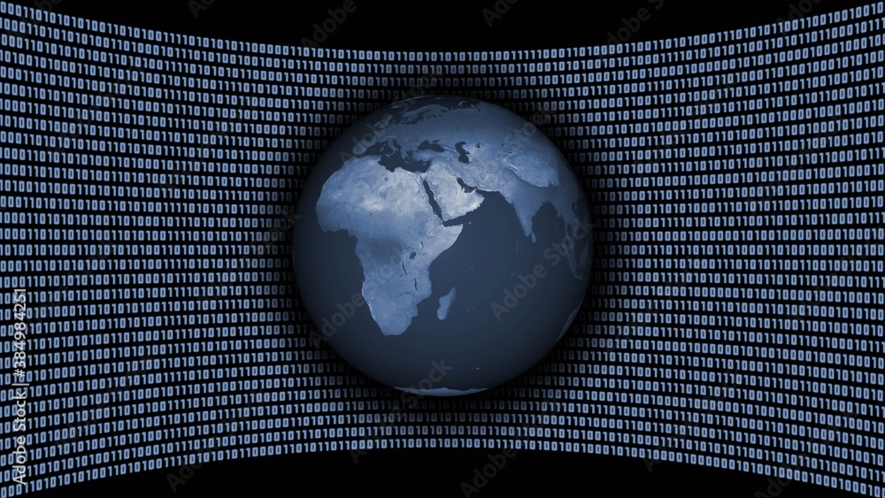 Poster african and eurasian continent on earth globe in front of a virtual studio wall of binary code in gr