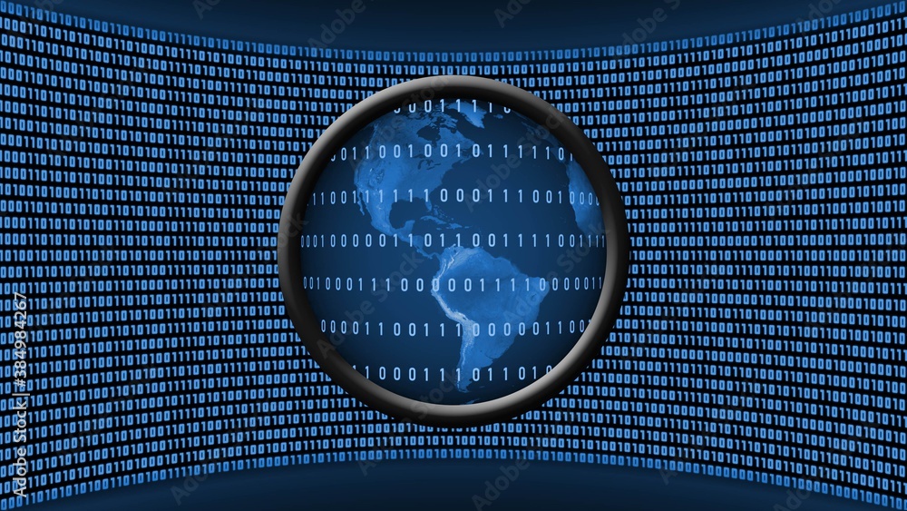 Poster american continent behind lines of binary code in a magnifying lens in front of a virtual studio wal