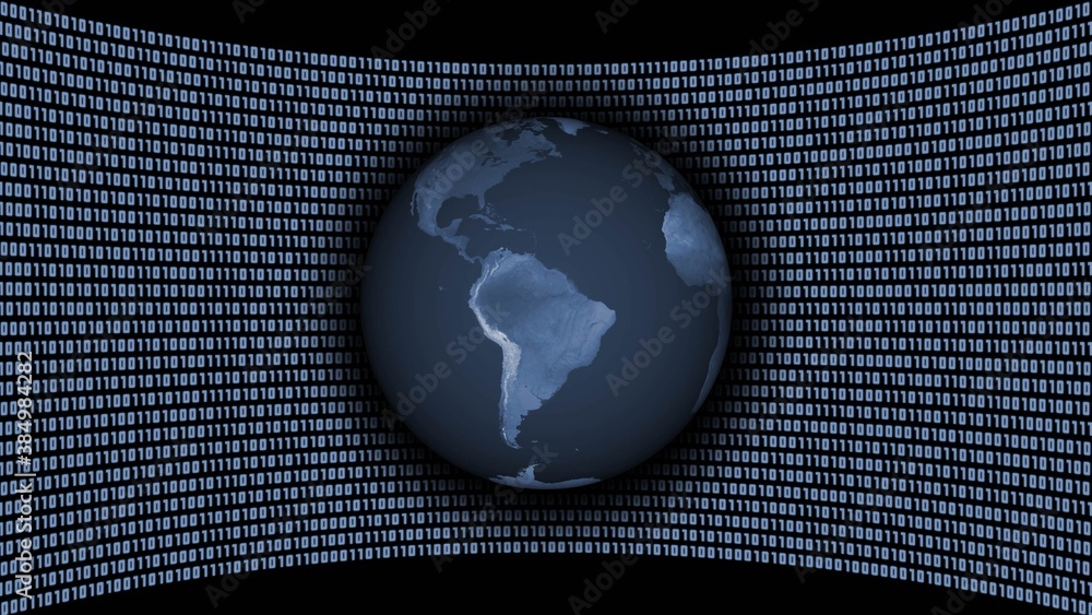 Poster american continent on earth globe in front of a virtual studio wall of binary code in gray blue colo