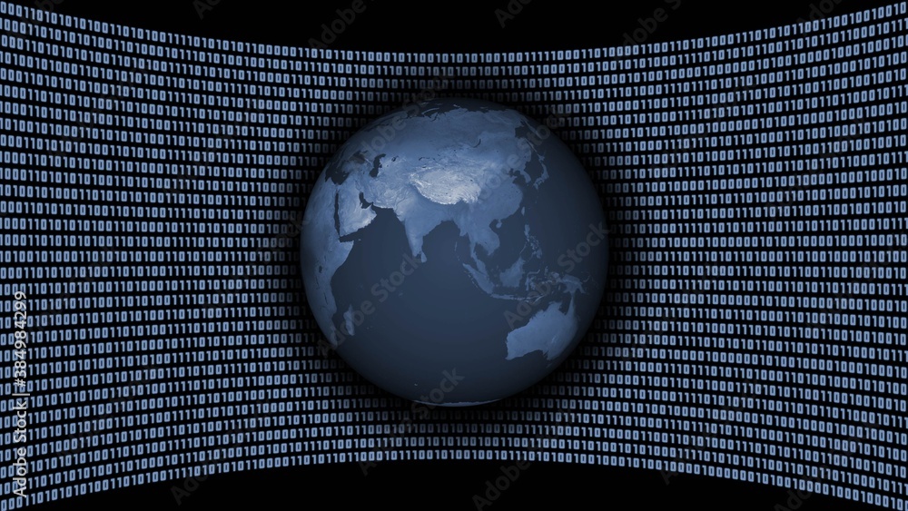Poster asian and australian continent on earth globe in front of a virtual studio wall of binary code in gr