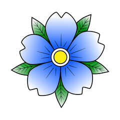 Flower with leaves old school traditional classic tattoo. Blue yellow green. Hand Drawn Black Outline Doodle Logo Icon. Stock vector illustration isolated on white background