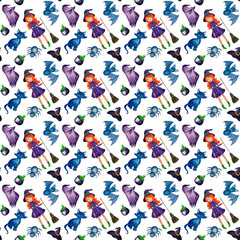 Halloween seamless pattern with watercolor little witch, bat, cat. - 384984432