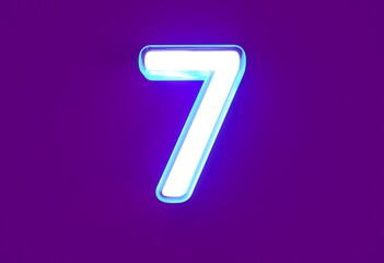 White glossy neon light blue glow alphabet - number 7 isolated on purple, 3D illustration of symbols