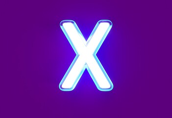 Obraz premium White polished neon light blue glow alphabet - letter X isolated on purple background, 3D illustration of symbols