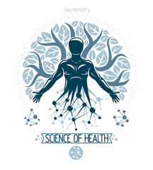Vector individual, mystic character deriving from the futuristic molecular connections and created with eco tree leaves. Recycling and reuse concept, renewable resources idea.