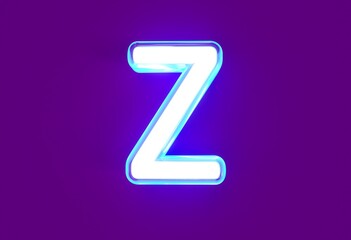 White shine neon light blue glow font - letter Z isolated on purple background, 3D illustration of symbols