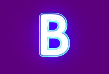 White glossy neon light blue glow alphabet - letter B isolated on purple, 3D illustration of symbols