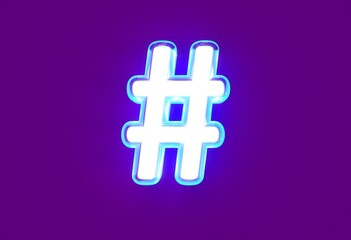 White glossy neon light blue glow font - number sign isolated on purple background, 3D illustration of symbols