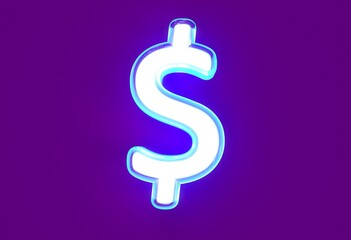 White polished neon light blue glow alphabet - dollar - peso sign isolated on purple background, 3D illustration of symbols