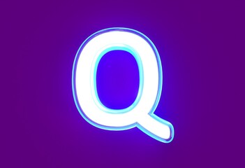 White polished neon light blue glow font - letter Q isolated on purple background, 3D illustration of symbols