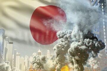 large smoke column with fire in the modern city - concept of industrial catastrophe or terroristic act on Japan flag background, industrial 3D illustration