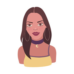 Vector illustration of young woman. Fashionable and stylish european girl with brown hair. Isolated character, avatar. Youth lifestyle. 