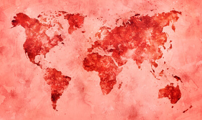 World map in red watercolor painting abstract splatters on paper.