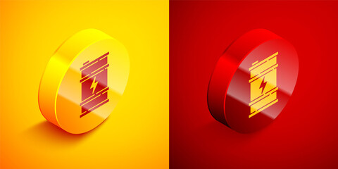 Isometric Bio fuel barrel icon isolated on orange and red background. Eco bio and canister. Green environment and recycle. Circle button. Vector.