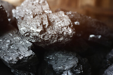 Coal industry. Chunks of black coal close-up.