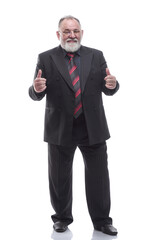 successful businessman showing thumbs up. isolated on a white
