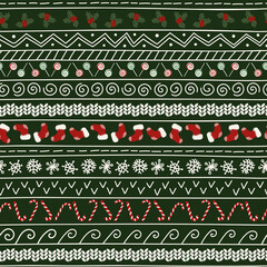 Horizontal Christmas seamless pattern. Christmas ornament for greeting cards and wrapping paper. Festive print with Christmas symbols. 