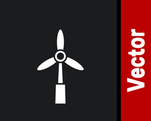 White Wind turbine icon isolated on black background. Wind generator sign. Windmill for electric power production. Vector.