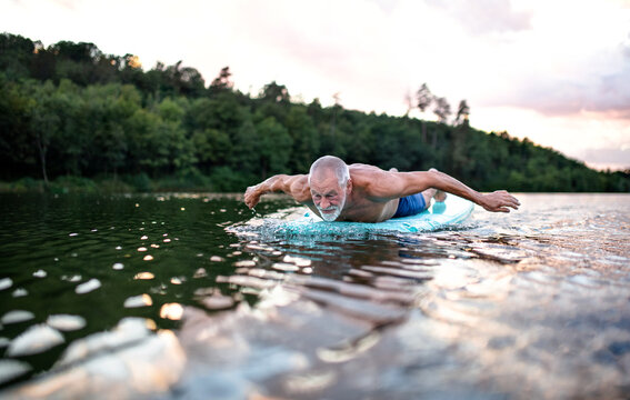 Senior Man On Paddleboard On Lake In Summer, Swimming.