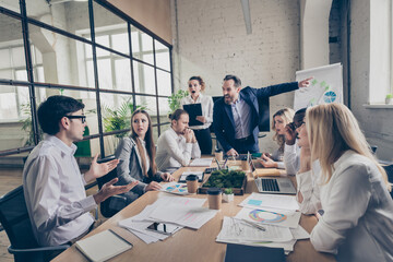 Everyone leave. Photo of business people diversity colleagues mature boss guy scolding managers year budget fail dismissed company devastation unhappy show workers way out office indoors