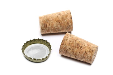 Traditional wine corks, plugs and bottle cap isolated on white background