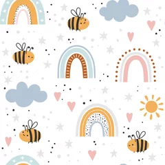 Papier Peint photo Arc-en-ciel Modèle sans couture drôle d& 39 abeille et d& 39 arc-en-ciel