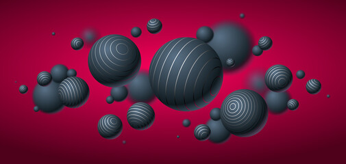 Realistic lined spheres vector illustration, abstract background with beautiful balls with lines and depth of field effect, 3D globes design concept art.