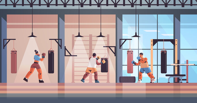 mix race boxers doing exercises with punching bag training healthy lifestyle boxing concept modern fight club interior horizontal full length vector illustration