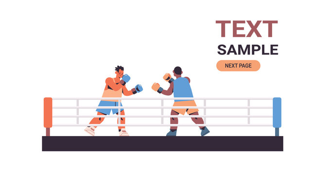 mix race boxers fighting on ring arena dangerous sport competition training concept two men boxing together horizontal full length copy space vector illustration