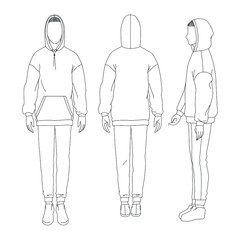 Vector sports suit with pants and hoodie. Technical drawing of man's figure sketch. Vector thin line girl model template. Man's body front back and side view.
