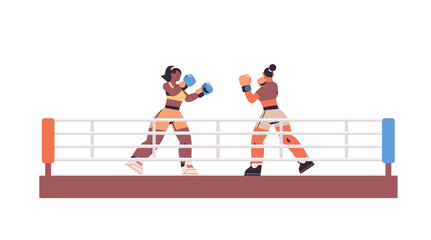 Fototapeta na wymiar mix race boxers fighting on ring arena dangerous sport competition training concept two women boxing together horizontal full length vector illustration